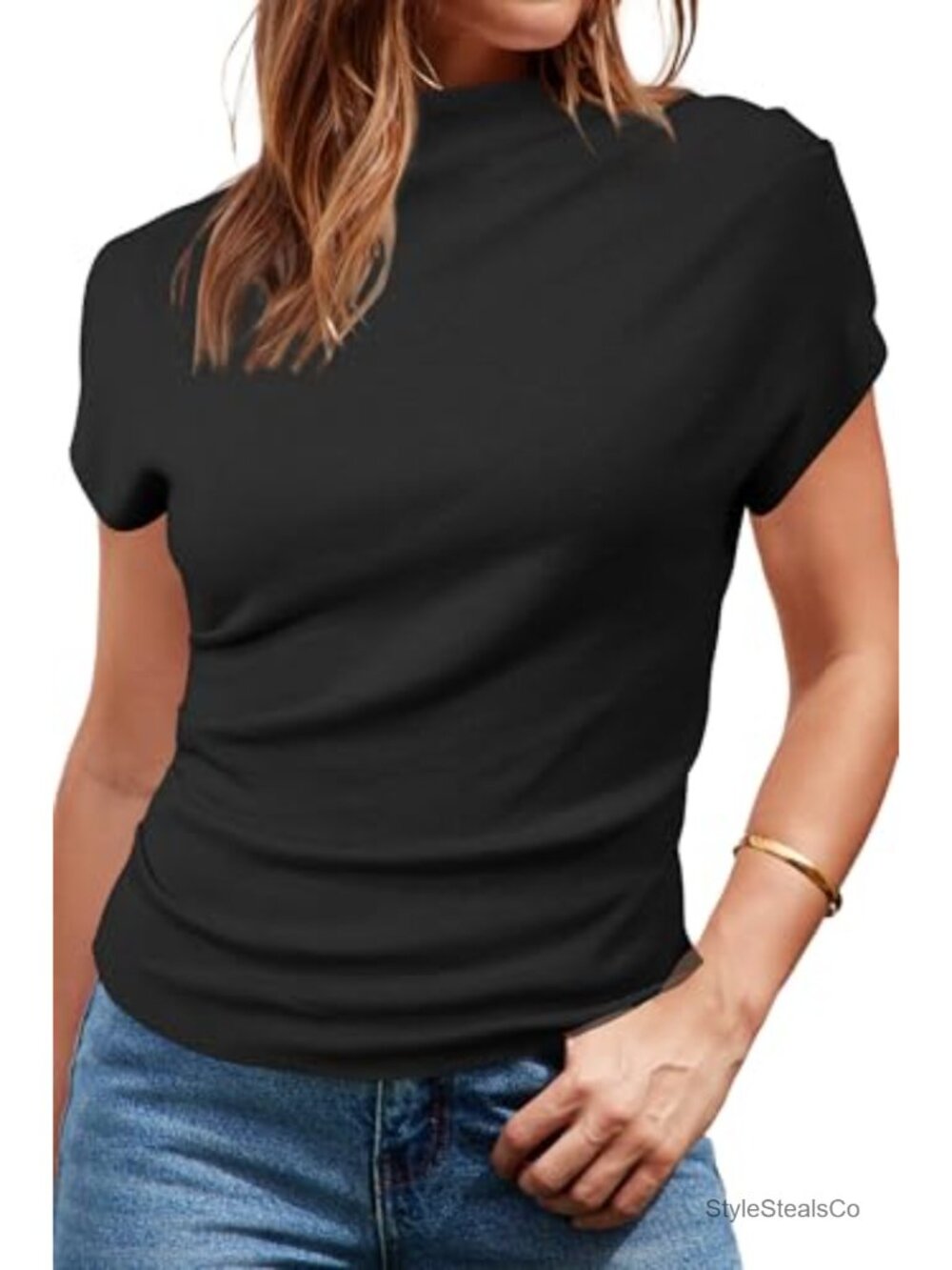 Women's Ruched Mock Neck Cap Sleeve Blouse Slim Fit Summer Top